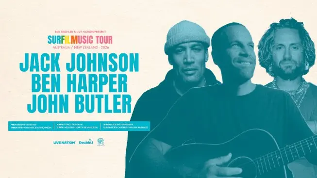 News: Jack Johnson returns to Australia & New Zealand in 2026 with the SURFILMUSIC Tour – joined by special guests Ben Harper and John Butler (solo).